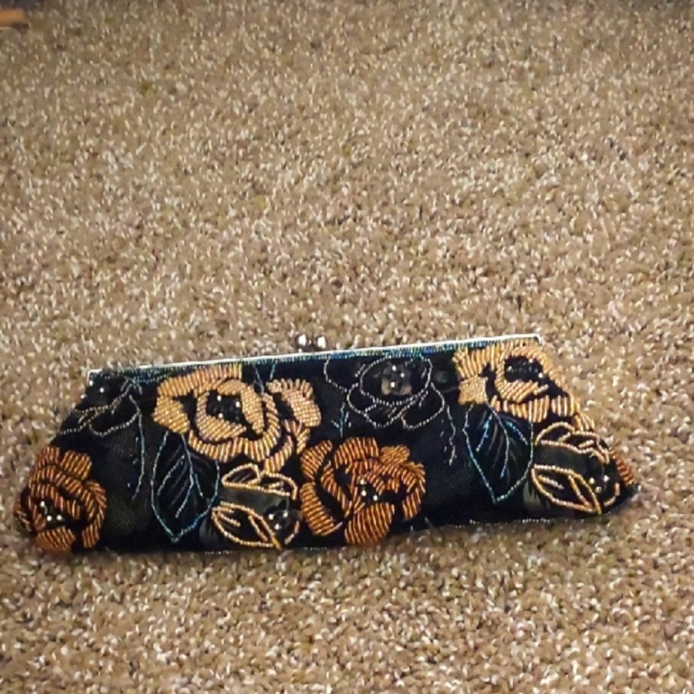 Floral Embroidered Clutch - Black and Gold